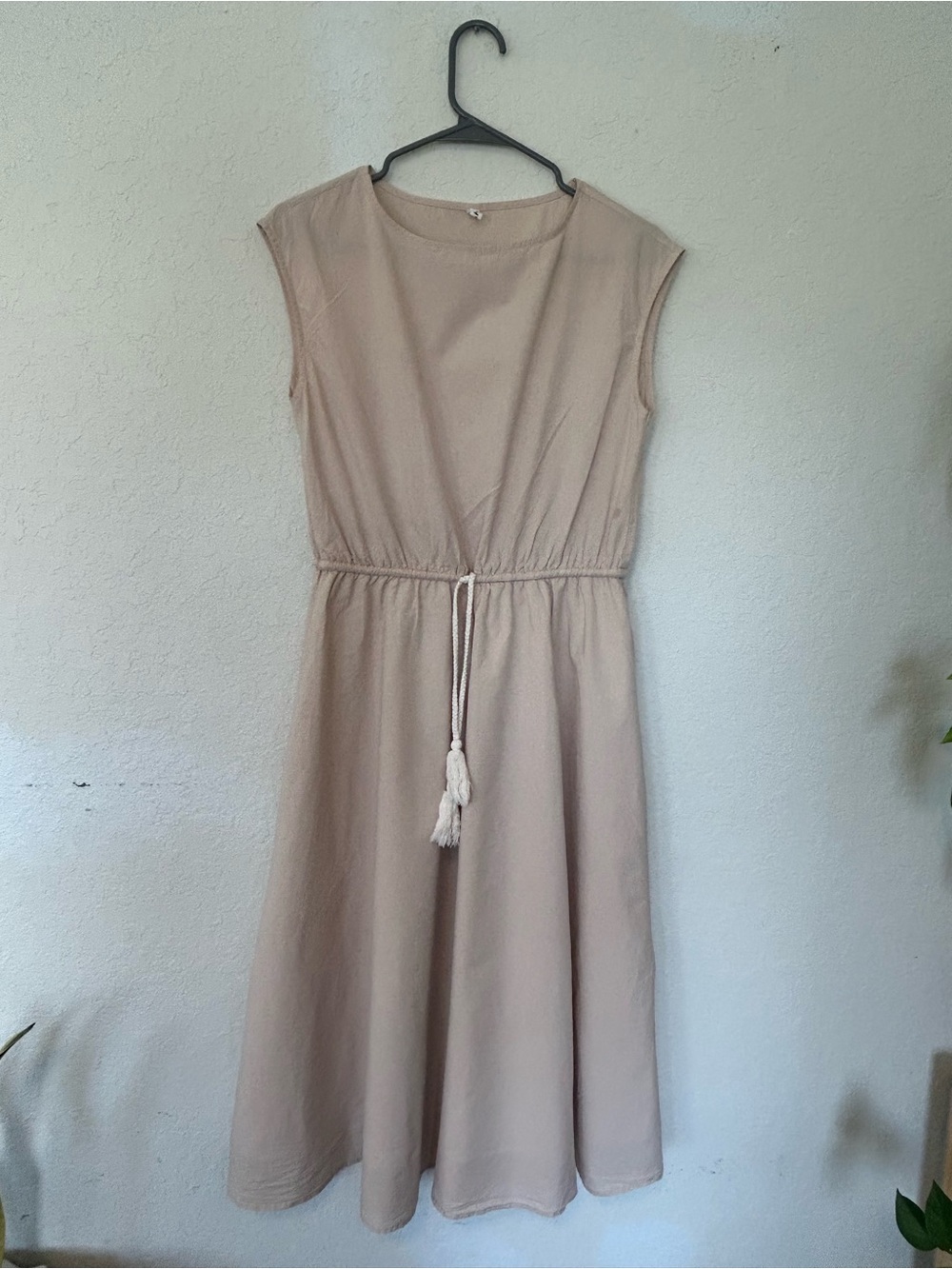 Beige Cotton Dress, Sleeveless A-Line Midi, Boho Minimalist Tie Waist Size S-M - Picture 2 of 7